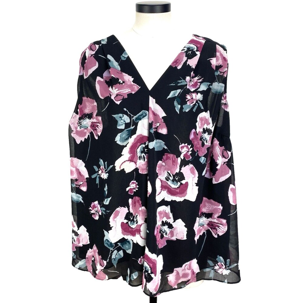 MARYBELLE Women's PLUS SIZE 1X Blouse Black Floral Lined Top Sleeveless RN152403